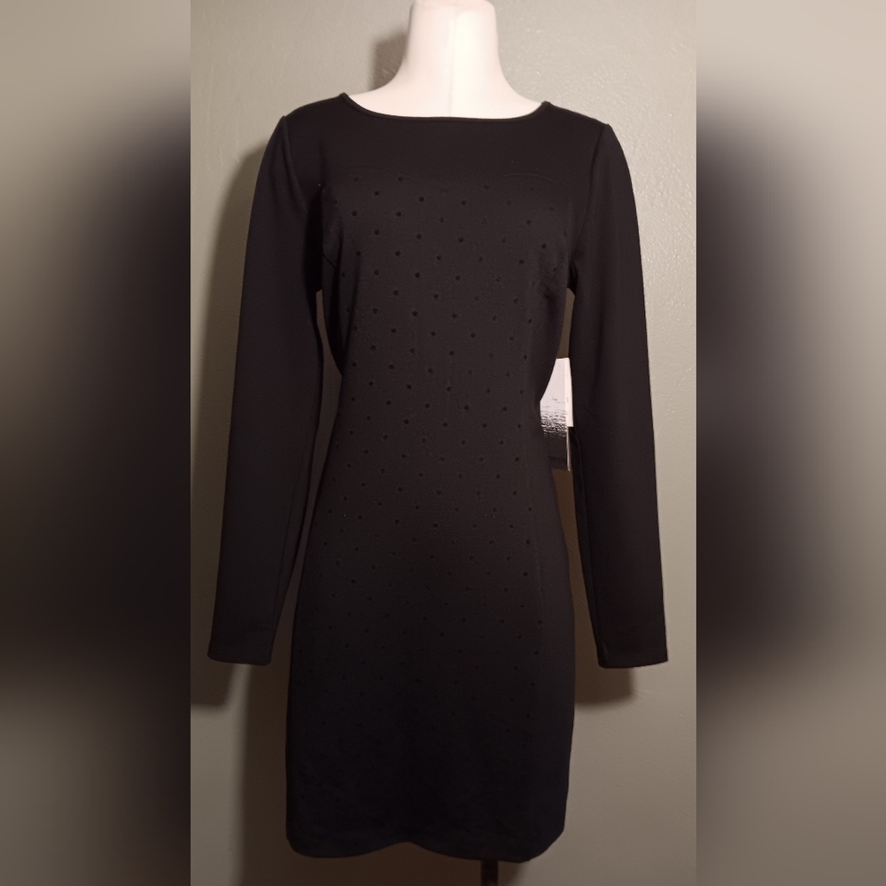 Kensie Black Sheath Dress with Long Sleeves and Bateau Neckline